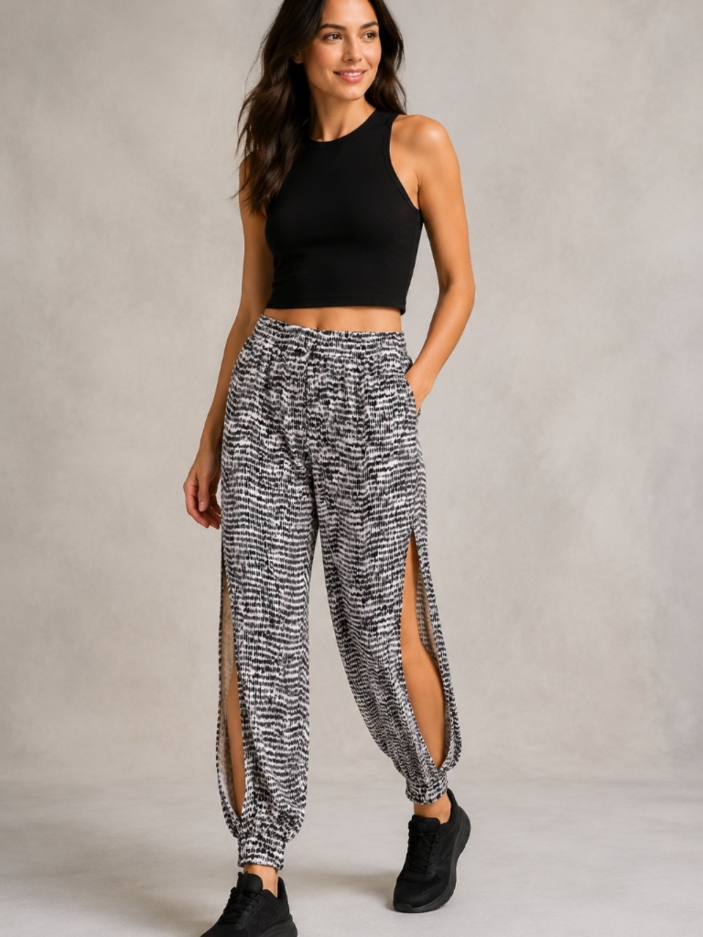 GREEN DRAGON Black White Yoga Swim Cover Pants Split Leg Side Slit Joggers Sz XL